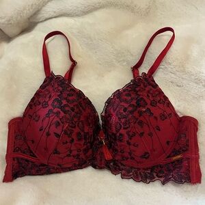 Floral embroidered red bra with tassel decor lightly padded size 32B